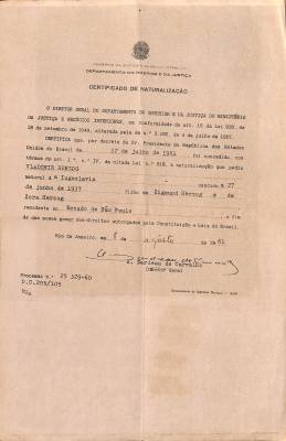 Certificado de naturalização, 1961